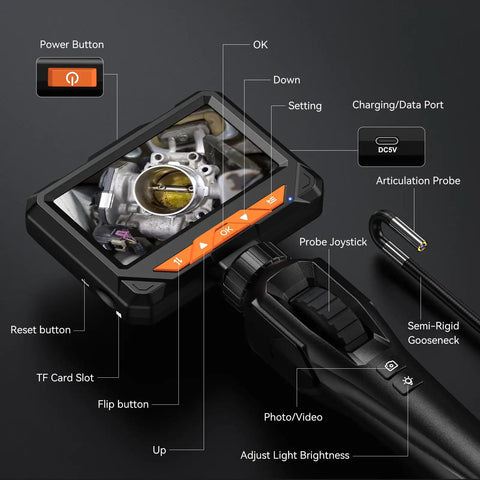 Two-Way 210° Articulating Borescope With 4.3 Inch 1080P Endoscope Camera And LED Light For Quick Engine And HVAC Inspections Pro-Grade Flexible Probe Crystal Clear Real-Time Views For Easy Troubleshooting with screen, controls, and gooseneck probe