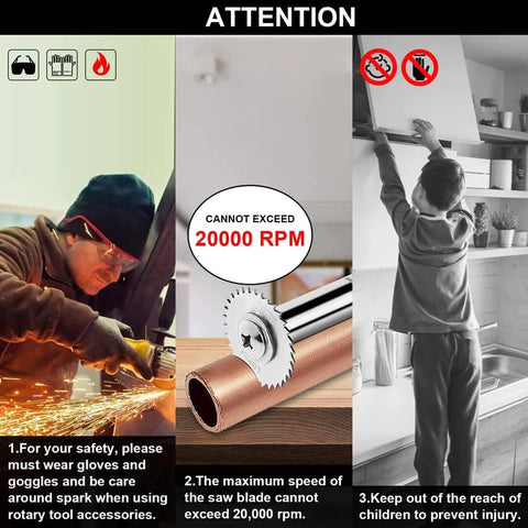 Front collage view of LitKiwi 1/4-inch hex shank rotary drill saw with 5 blades; blade mounted on copper pipe.