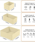 Foldable Drawer Organizer Bins For Clothing And Accessories, Space Saving Closet And Dresser Storage Boxes, Collapsible Dividers For Underwear Bras Socks Beige Large shown in three size options with capacity details.