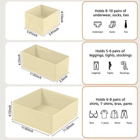 Foldable Drawer Organizer Bins For Clothing And Accessories, Space Saving Closet And Dresser Storage Boxes, Collapsible Dividers For Underwear Bras Socks Beige Large shown in three size options with capacity details.