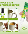Steps showing use of clear gel cyanoacrylate adhesive for plastic, metal, and wood in repairs with a quick dry formula