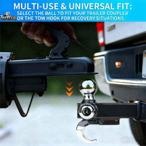 All In One Tri Ball Trailer Hitch With Chrome Plated Finish 1 7 8 Inch Ball 2 Inch Ball And 2 5 16 Inch Ball 10000 Lbs GTW Rust Resistant 2 Inch Receiver Hitch Tow Hook For Off Road Recovery Pin And Clip Included Ideal For Trucks And SUVs showing hitch attachment to vehicle