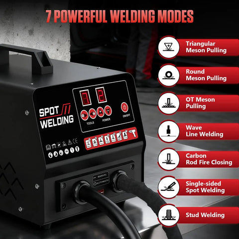 High Power Stud Welder Dent Repair Kit With Auto Body Spot Welding Machine 4200A 3500W showing seven welding modes display