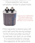 Image of a capacitor with text advising to check the capacitor first for Blower Motor 1/2 HP 1 Phase 3 Speed 120V 1075 RPM Direct Drive Sleeve Bearing 48 Frame for HVAC Furnace and Air Handler, Built to Last, Quiet Performance Fan Motor advice.