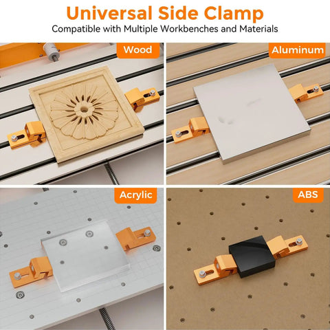 Universal Side Clamp displaying wood, aluminum, acrylic, and ABS materials with Slick 2 Pack Aluminum Tiger Claw Side Clamps.