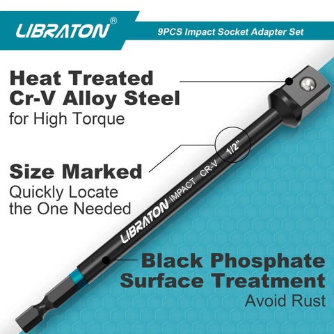 Pro Grade Impact Socket Adapter Set With One Quarter Inch Drive Three Eighth Inch Drive And One Half Inch Drive Includes Three Six And Twelve Inch Extensions For Drill Socket Adapters To Torque Wrench Use Heavy Duty Driver Adapters For Tight Spaces showing heat treated Cr-V alloy steel for high torque and size markings.