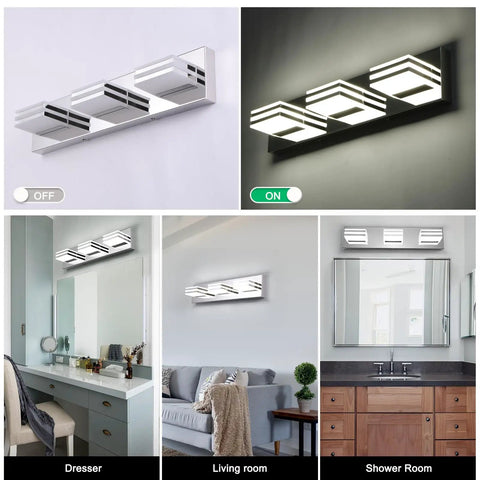 20 Inch LED Vanity Light Bar For Bathroom Over Mirror, 3 Light Chrome Fixture, 18W, 6000K Daylight LED in different room settings