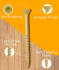 Heavy Duty Ten By Five Inch Exterior Deck Screws In Tan Coated Carbon Steel Paired With T25 Torx Star Drive For Pressure Treated Lumber Badass Grip And Zero Cam Out Headaches 125 Pack displayed with features.