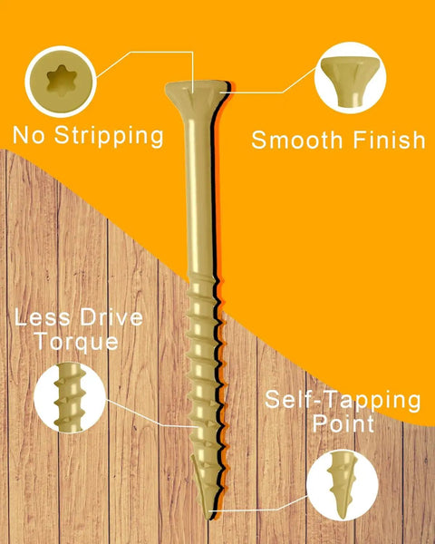 Heavy Duty Ten By Five Inch Exterior Deck Screws In Tan Coated Carbon Steel Paired With T25 Torx Star Drive For Pressure Treated Lumber Badass Grip And Zero Cam Out Headaches 125 Pack displayed with features.