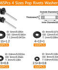 Diagram of 365-piece pop rivets kit showing washers sizes and dimensions for Go-To 900 Pcs Black Pop Rivets Assortment Kit With Washers