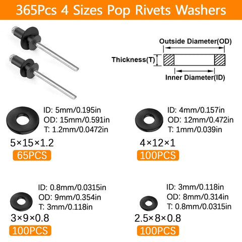 Diagram of 365-piece pop rivets kit showing washers sizes and dimensions for Go-To 900 Pcs Black Pop Rivets Assortment Kit With Washers