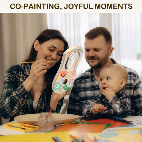Family assembling and painting a 7 String Lyre Harp DIY Kit For Beginners, Easy Assembly Wooden Instrument Kit With Basswood Body.