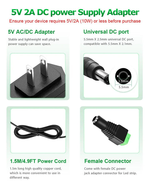 5V 2A USB Type C Power Supply Adapter showing plugs, universal DC port, long power cord, and female connector for USB-C devices