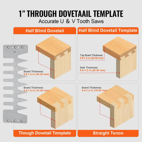 1 inch Through Dovetail Template for Rock Solid Dovetail Router Jig, showing half blind and through dovetail joint designs.