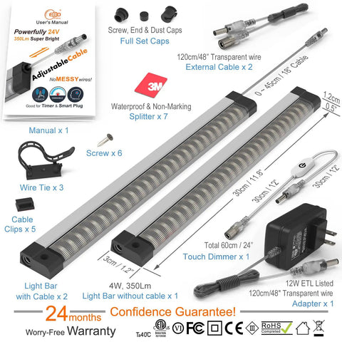 Under Cabinet LED Lighting Kit With Built In Adjustable Cable No Mess Wires Three Panel Under Counter Lights for kitchen setup