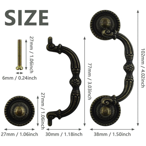 Two Pack 3 Inch Bronze Vintage Antique Style Drawer Pull Handles For Cabinets Dressers Cupboards And Wardrobes shown with dimensions
