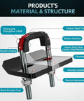 Beefy Heavy Duty Hitch Tightener And Anti Rattle Clamp with labels on structure and material showing carbon and steel design.