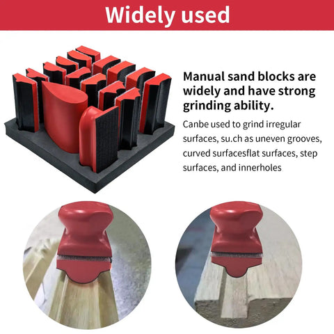 No Fuss Hand Sanding Block Set Of 16 With Hella Durable Foam Pads and Fast Hook And Loop Attachment For Smooth Furniture Refinishing Auto Scratch Removal And Sharp Craft Jobs Delivered In Vibrant Red, showing various shapes.