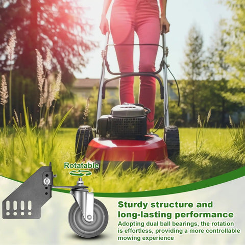 Universal Lawn Mower Swivel Wheel Kit with TPR tires and steel brackets in use on lawn mower
