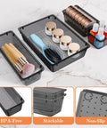 25 Piece Plastic Drawer Organizer Set With 4 Size Versatile Trays And Storage Bins For Makeup Jewelry Gadgets In Bathroom Bedroom And Office Clear Black, displaying makeup and brushes in various sized trays