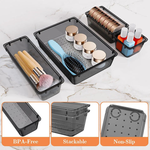 25 Piece Plastic Drawer Organizer Set With 4 Size Versatile Trays And Storage Bins For Makeup Jewelry Gadgets In Bathroom Bedroom And Office Clear Black, displaying makeup and brushes in various sized trays
