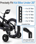 Image of Built Tough Kids Bike Training Wheels for 12 to 20 inch bicycles, showing adjustable installation on a kid's bike with a universal long axle.