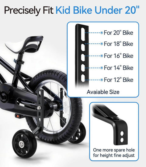 Image of Built Tough Kids Bike Training Wheels for 12 to 20 inch bicycles, showing adjustable installation on a kid's bike with a universal long axle.