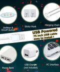 Components for Neon Led Happy Birthday Sign Light Up For Party Wall Backdrop Decor; dimmer, sticky hook, chain, USB cable, power options.
