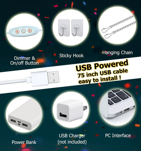 Components for Neon Led Happy Birthday Sign Light Up For Party Wall Backdrop Decor; dimmer, sticky hook, chain, USB cable, power options.