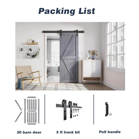 Grey Wood Barn Door Slab 30 Inch By 84 Inch With Included 60 Inch Barn Door Hardware Track Kit Double Surfaces Simple Assembly Required K Frame Rustic Modern Style For Home Or Office installed in living room