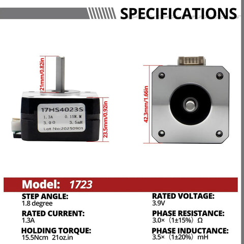 Nema 17 Bipolar Stepper Motor 1.3A 15.5Ncm Torque 1.8 Degree Step 4 Lead Specs With Dimensions and Specs for DIY CNC Projects