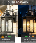 Luminzone Outdoor Light Fixtures Wall Mount Solar Lantern, Vintage Dusk to Dawn Wall Sconce with Remote Control & LED Bulb, Waterproof Exterior Wall Light for Porch Patio Courtyard Doorway 18'' illuminated at night.