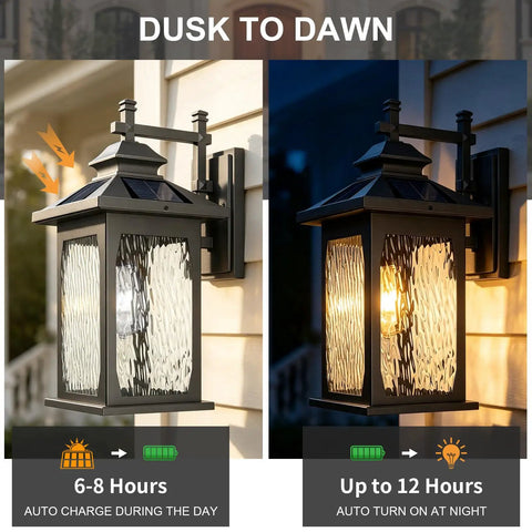 Luminzone Outdoor Light Fixtures Wall Mount Solar Lantern, Vintage Dusk to Dawn Wall Sconce with Remote Control & LED Bulb, Waterproof Exterior Wall Light for Porch Patio Courtyard Doorway 18'' illuminated at night.