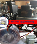 Two Pack 110V To 12V AC Power Transformer 10W 50/60Hz Output For Synchronous Motors Lighting And Audio Gear Built Tough With Mounting Holes And Rust Resistant Finish shown in use with audio equipment.