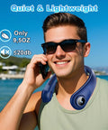 Man wearing Neck Fan With LED Display And Hands Free Design, Five Speed Bladeless Personal Cooler outdoors by the water