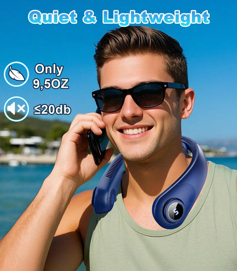 Man wearing Neck Fan With LED Display And Hands Free Design, Five Speed Bladeless Personal Cooler outdoors by the water