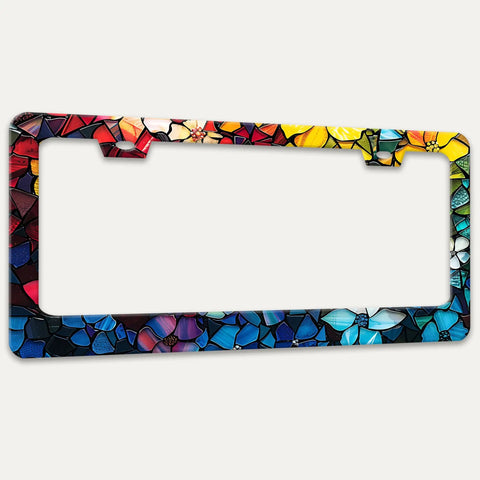 Dope Stainless Steel License Plate Frame With Marble Flower Floral Pattern Colorful Design 6x12 Inch Universal Car Frame Two Hole With Screws Heavy Duty Auto Accessory Bracket For All US Cars