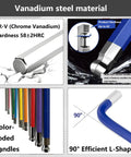 Premium 9-Piece Metric Hex Key Set With Anti-Slip Long Ball Ends Crafted From Rugged Chrome Vanadium Steel For Smooth DIY Home Repairs Furniture Assembly Bike Fixes And Light Vehicle Tune-Ups In Sizes 1.5 Through 10mm You Can Totally Trust For Serious. CR-V hex key set with 90° L-shape, color-coded handles, and 58+2 HRC hardness