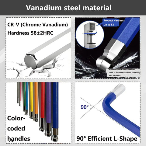 Premium 9-Piece Metric Hex Key Set With Anti-Slip Long Ball Ends Crafted From Rugged Chrome Vanadium Steel For Smooth DIY Home Repairs Furniture Assembly Bike Fixes And Light Vehicle Tune-Ups In Sizes 1.5 Through 10mm You Can Totally Trust For Serious. CR-V hex key set with 90° L-shape, color-coded handles, and 58+2 HRC hardness