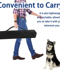 Person carrying Durable Indoor Outdoor Dog Agility Set With Jump Rings Poles Pause Box And Storage Bag, dog sitting nearby.