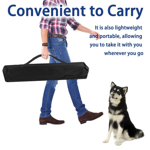 Person carrying Durable Indoor Outdoor Dog Agility Set With Jump Rings Poles Pause Box And Storage Bag, dog sitting nearby.