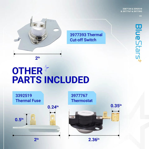 Dryer Cycling Thermostat And Thermal Cutoff Kit Pack Of 2 For Whirlpool Kenmore Maytag Dryers DIY Friendly Easy Install Including 3387134 3392519 3977393 3977767 High Limit Switch Replacement showing included thermal fuse and thermostat parts