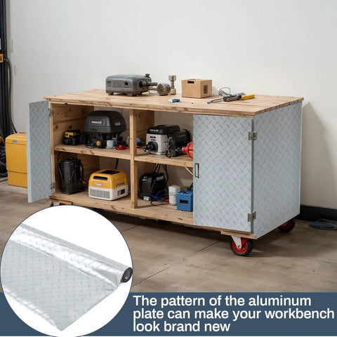 Diamond Plate Silver Vinyl Wrap Peel And Stick Contact Paper For Cabinets And Surfaces Durable Scratch And Water Resistant 24 Inch Wide By 20 Feet Long DIY Friendly And Reno Ready for tool chest application on wood workbench