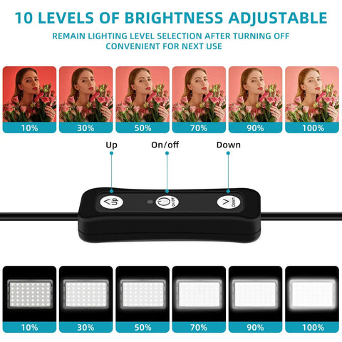 LED Video Light Kit Two Pack Lit With 18 Color Filters And Adjustable Tripod Stand brightness levels and control panel.