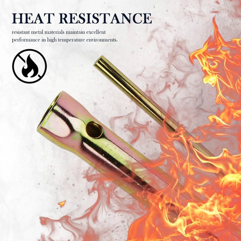 Dual End Spark Plug Socket 5/8 Inch and 16-18 mm T-Bar Wrench for Cars and Motorcycles; heat-resistant carbon steel tool with flames.