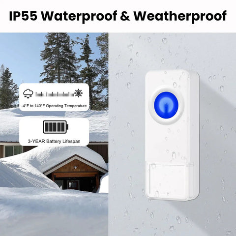 Waterproof Wireless Doorbell Kit For Home And Classroom, 1300ft Range, close-up of button with LED indicator, snow background