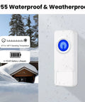 Wireless Doorbell Kit No Fuss Setup With 1300 Feet Range Waterproof Chime System 58 Melodies 5 Volume Levels LED Flash Perfect For Home Or Classroom Includes 2 Push Buttons And 4 Receivers shown in snow with waterproof feature.