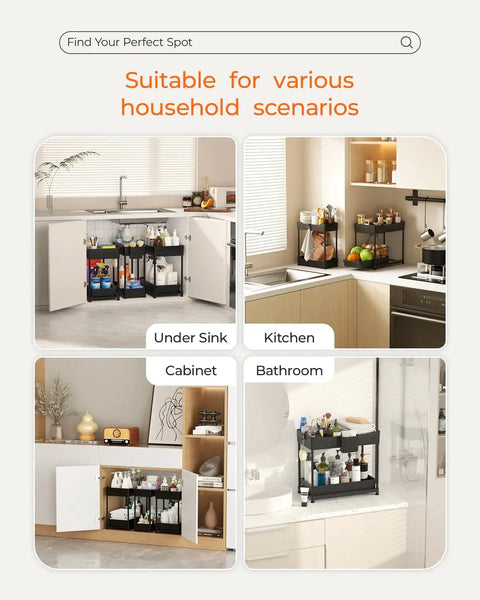 Three Pack Under Sink Organizers With Smooth Sliding Drawers And Heavy Duty Mesh Bins in various household scenarios.