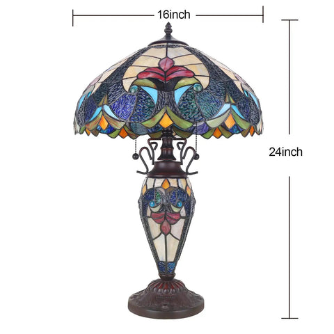 Retro Tiffany Style Table Lamp With Stained Glass, 24 Inches Tall, Vintage Vibe Night Light For Living Room, Bedroom, Home Office