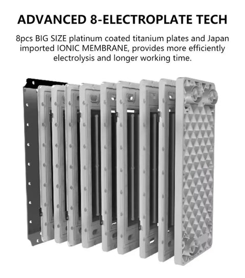Top Tier Alkaline Water Ionizer Machine With Eight Titanium Plates showing advanced platinum-coated titanium plates for efficient electrolysis.